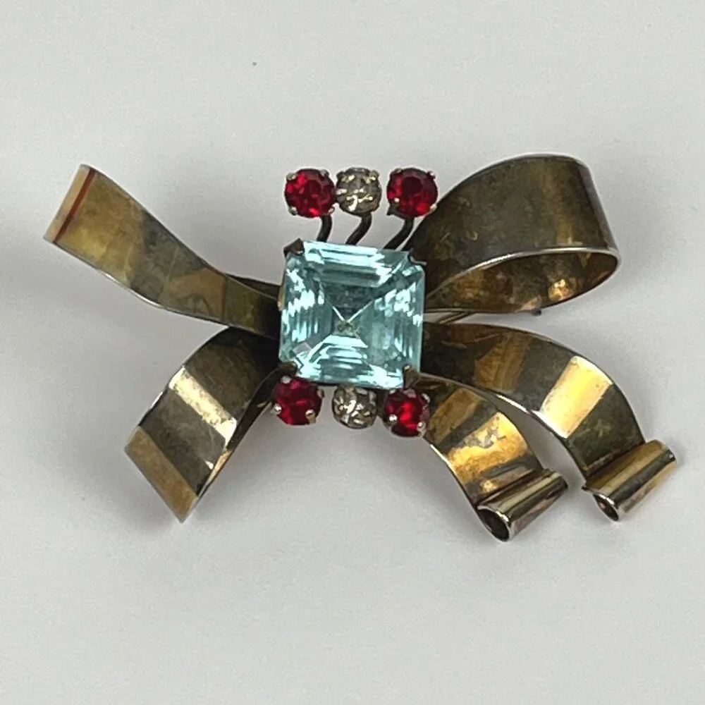 Vintage 1940s Gold Over Sterling Aqua Blue Stone Ribbon Bow Brooch